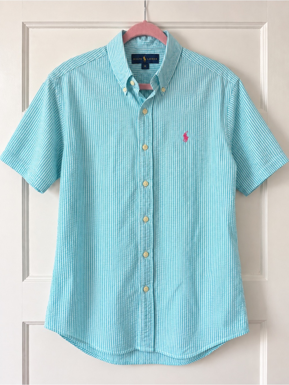 Ralph Lauren Men’s Medium Turquoise Seersucker Short Sleeve Button Down Shirt